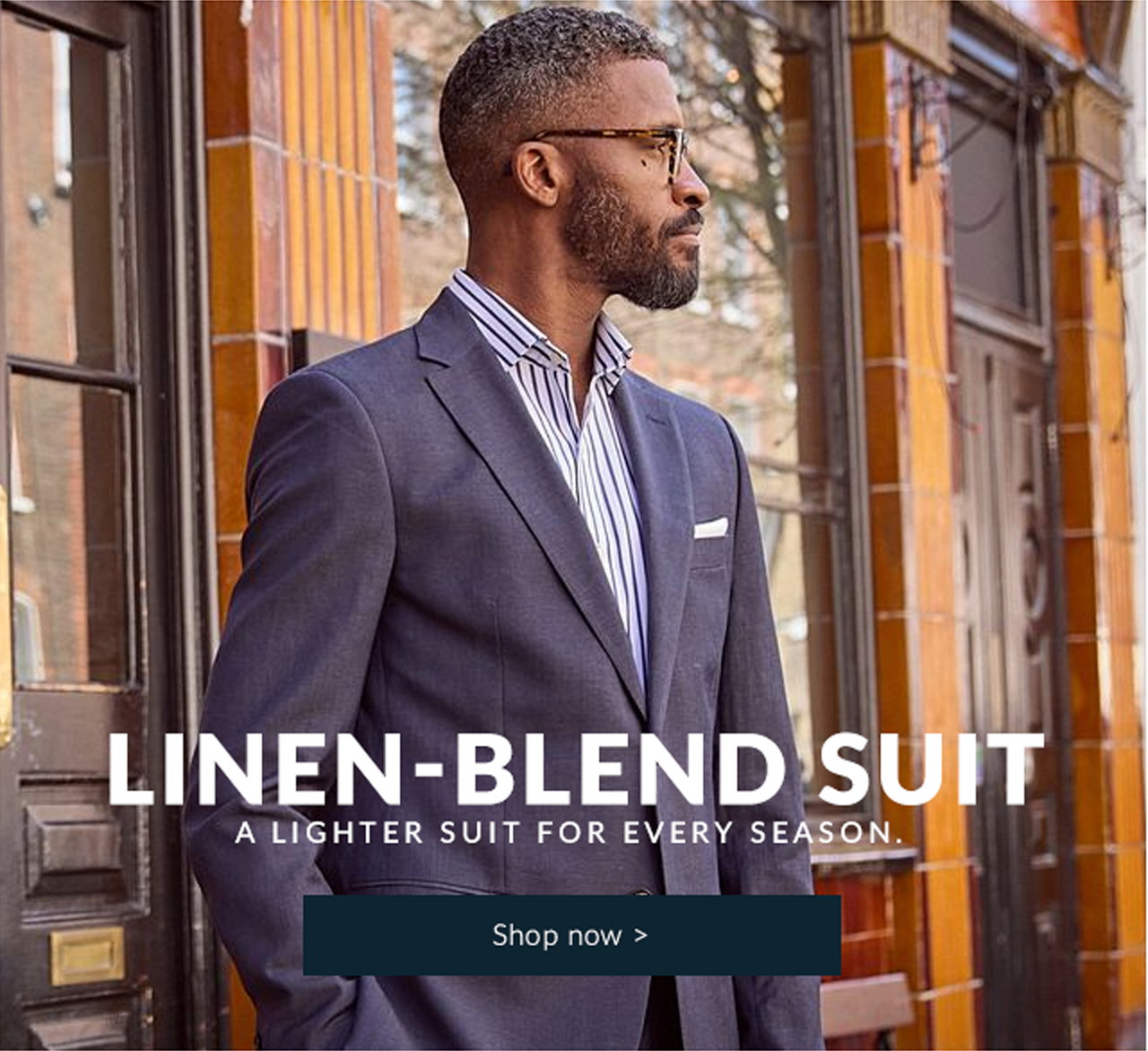 Shop men's navy linen-blend suit