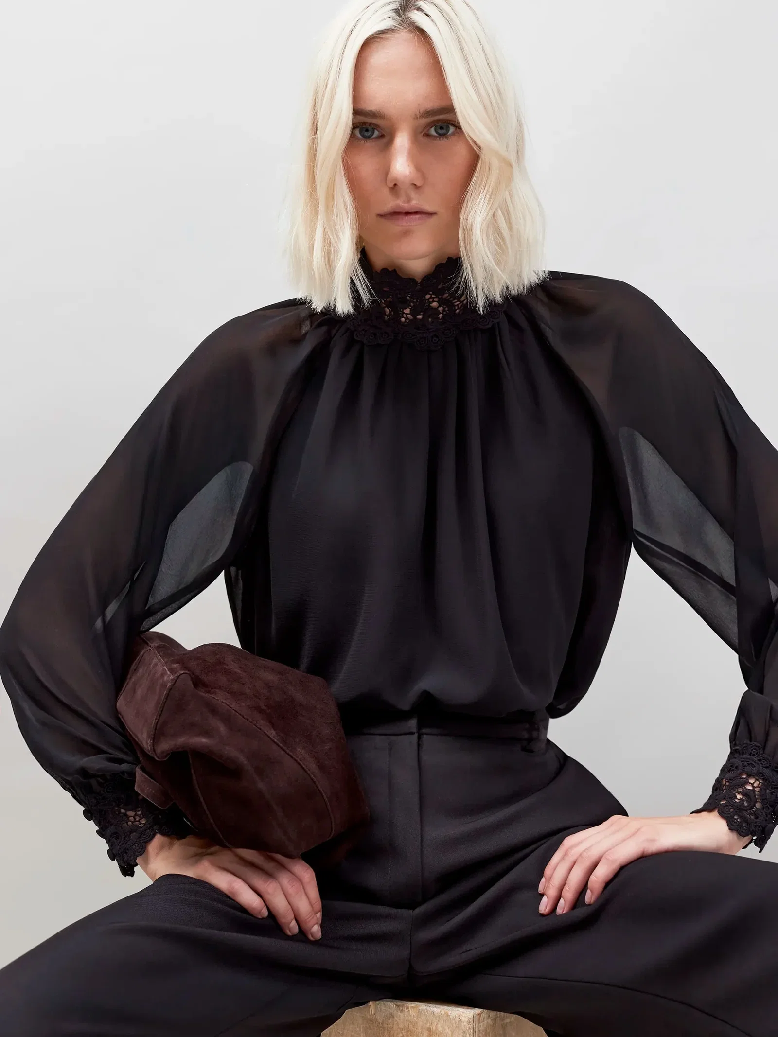 Black Lace Trim Bubble Hem Blouse