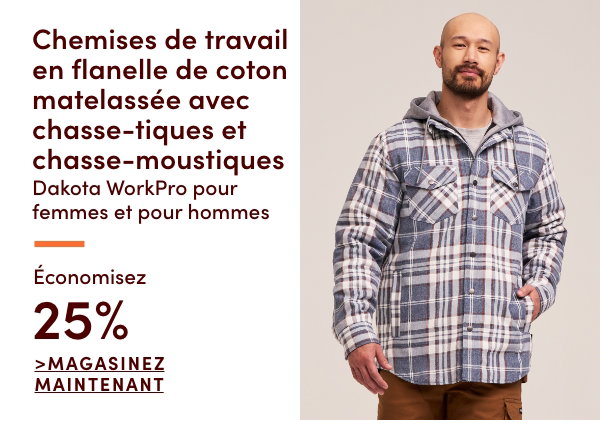 Chemises de travail en flanelle de coton matelassée avec chasse-tiques et chasse-moustiques Dakota WorkPro pour femmes et pour hommes économisez 25%