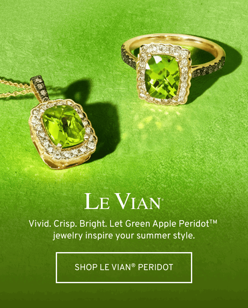 Various peridot jewelry. Vivid. Crisp. Let Green Apple Peridot inspire your summer style. Click to Shop Le Vian Peridot