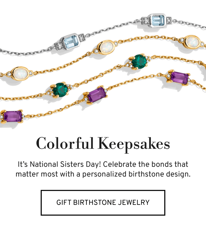 4 colors of gemstone necklaces. Celebrate National Sisters Day with personalized pieces. Click to Gift Birthstone Jewelry