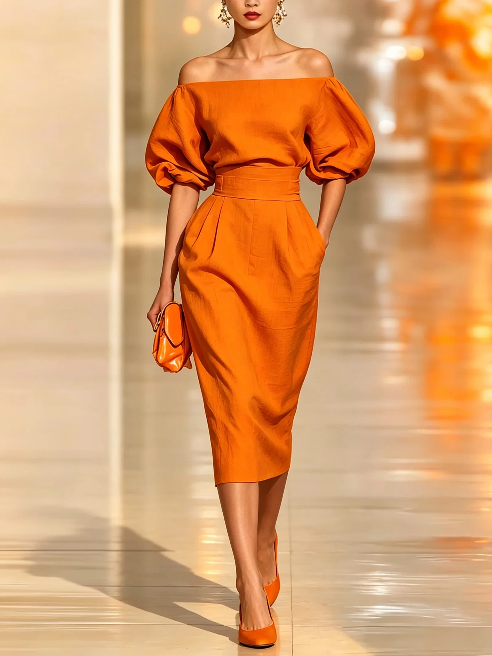 Cotton Elegant Plain Crew Neck Midi Dress