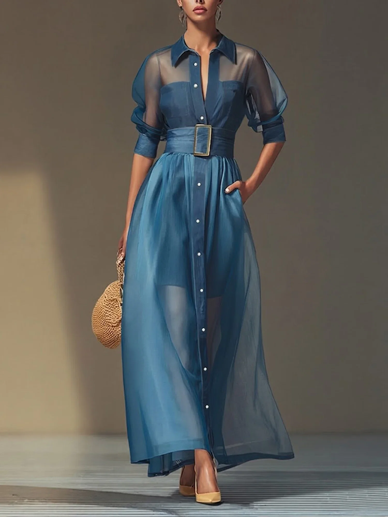 Soft Tencel Denim Elegant Plain Puff Sleeve Split Joint Shirt Collar Maxi Dress With Belt