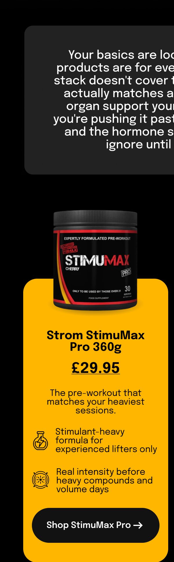Strom StimuMax Pro 360g pre-workout product description and price.
