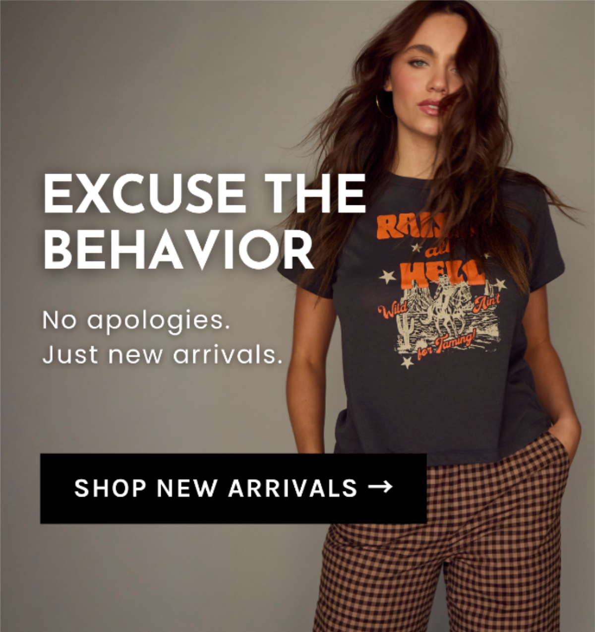 Woman wearing Chaser Fall collection featuring vintage graphics, gingham separates and modern everyday essentials