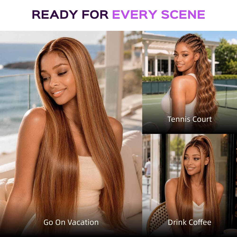 Megalook 13x6 Three-Go™ Highlight Honey Blonde Glueless Wigs Silky Straight With Drawstring 100% Human Hair Wig
