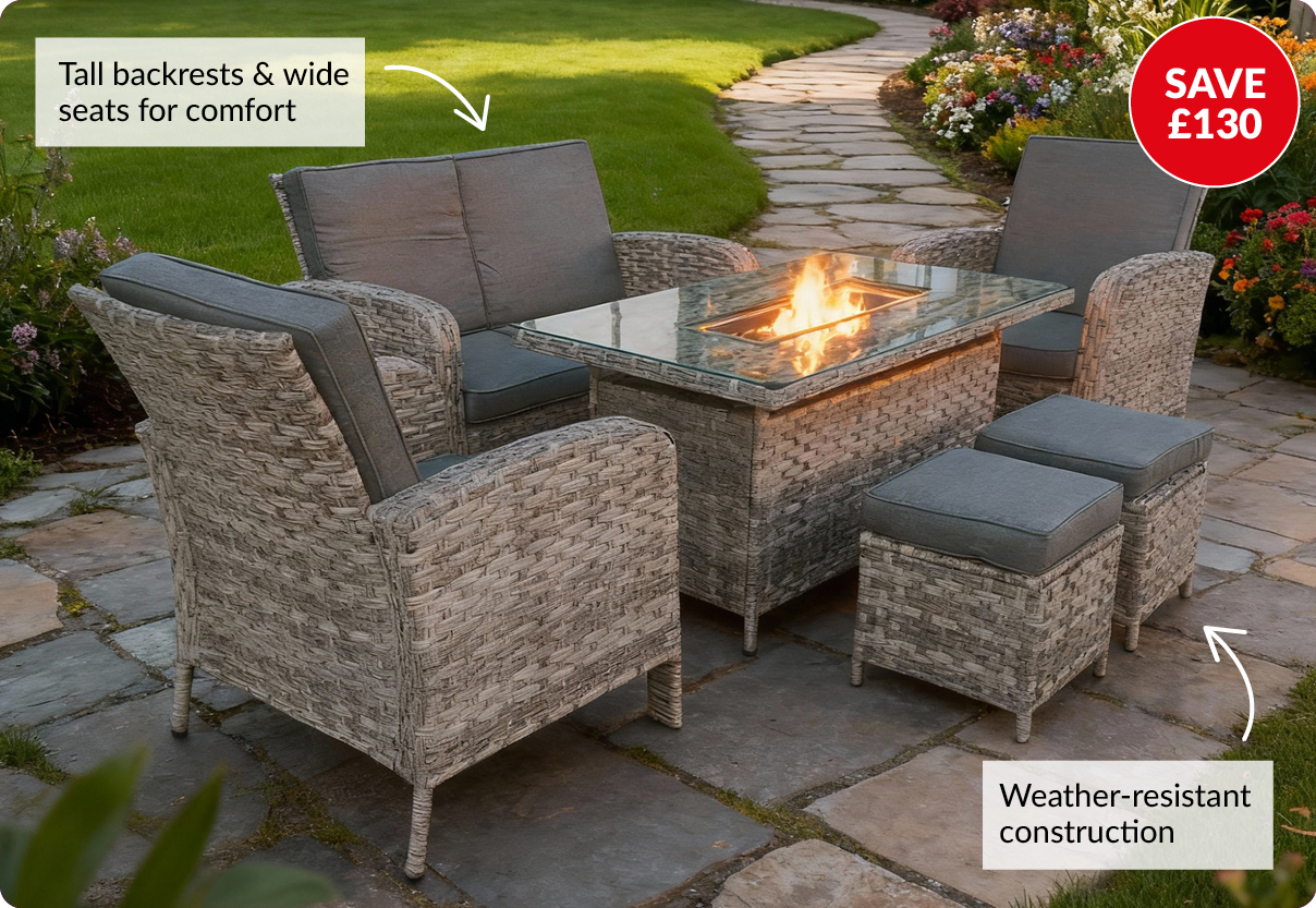 Save £130. Tall backrests and wide seats for comfort. Weather resistant contruction