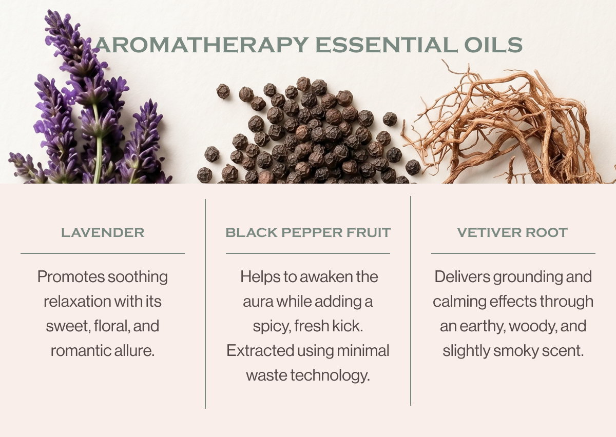 AROMATHERAPY ESSENTIAL OILS LAVENDER BLACK PEPPER FRUIT VETIVER ROOT Promotes soothing relaxation with its sweet, floral, and romantic allure.  Helps to awaken the aura while adding a spicy, fresh kick. Extracted using minimal waste technology. Delivers grounding and calming effects through an earthy, woody, and slightly smoky scent.