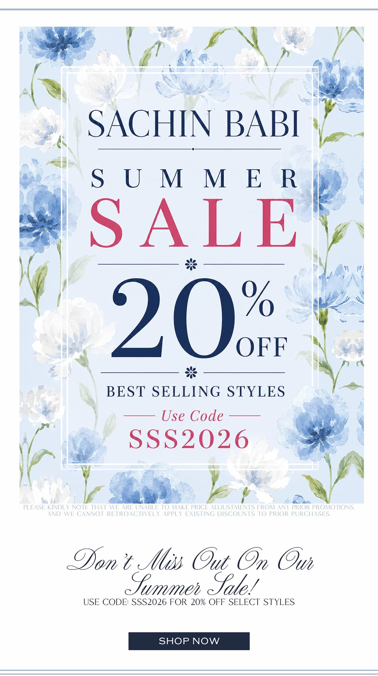 dont miss out on our summer sale! 20% off with code SSS2026 for our summer soiree sale.