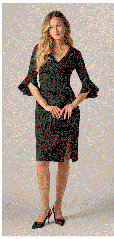 Three Quarter Sleeve Faux Wrap Midi Dress In Black