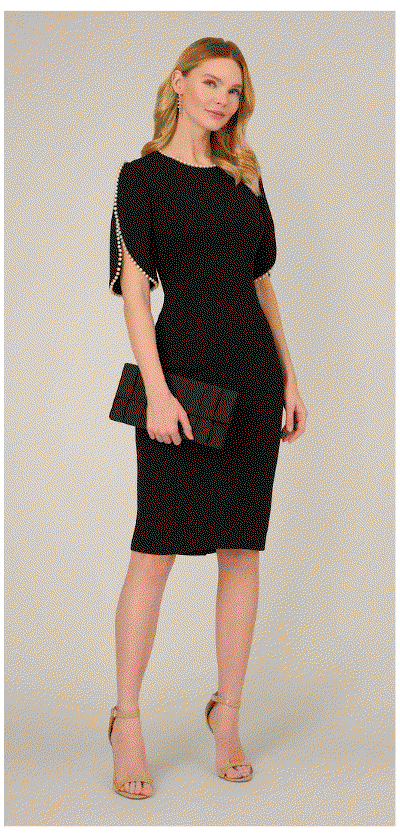 Crepe Midi Length Sheath Dress With Pearly Trim In Black