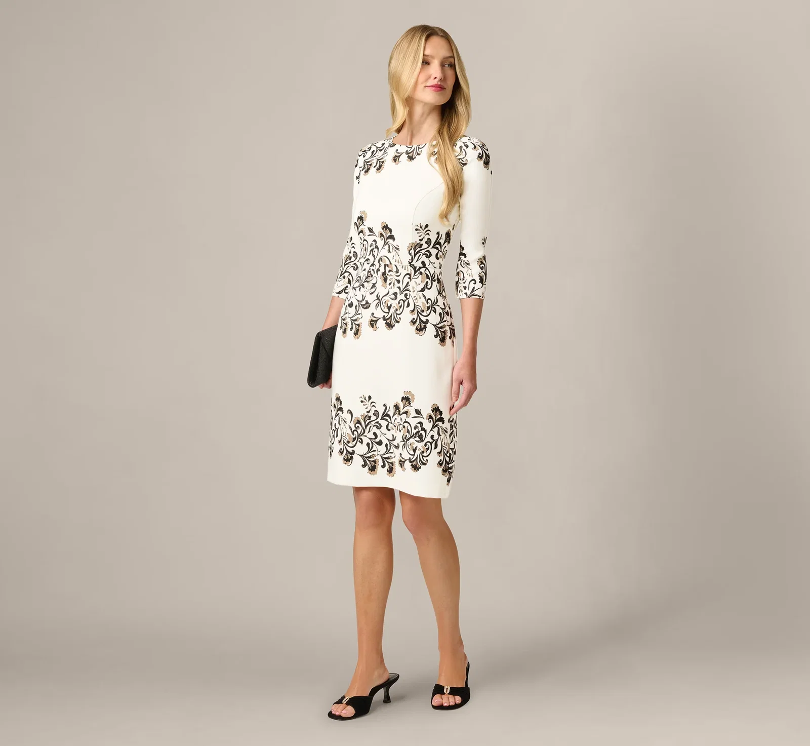 Image of Three Quarter Sleeve Baroque Lace Print Stretch Sheath Dress In Ivory Multi