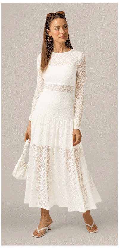 Long Sleeve Stretch Lace Illusion Midi Dress In Ivory