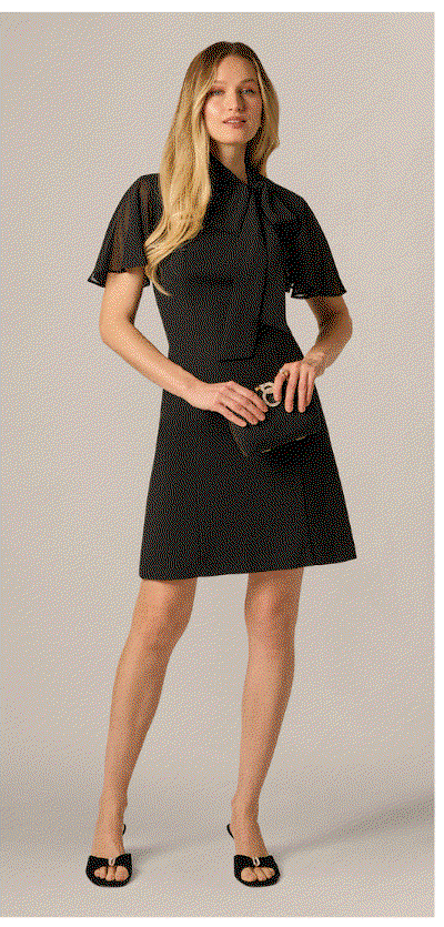 Flutter Sleeve Tie Neck Stretch Short Dress In Black