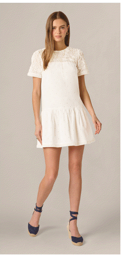 Short Sleeve Drop Waist Cotton Eyelet Shift Dress In Ivory
