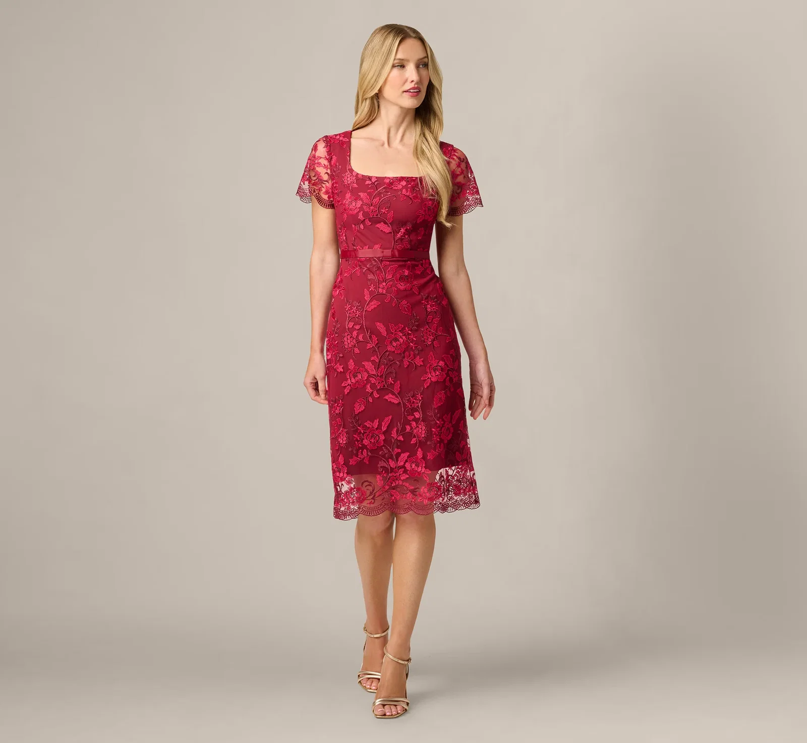 Image of Short Sleeve Rose Floral Embroidered Sheath Dress In Burgundy Pink