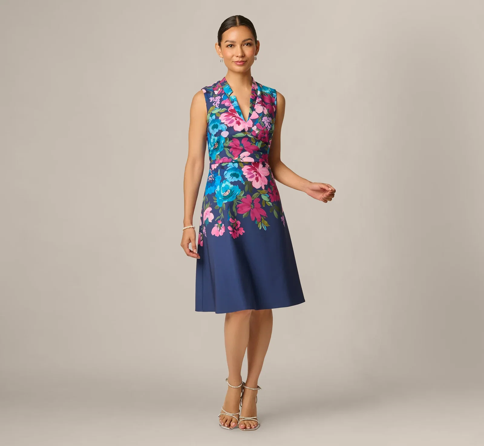Image of Petite Collared Floral Border Twill Midi Dress In Navy Multi