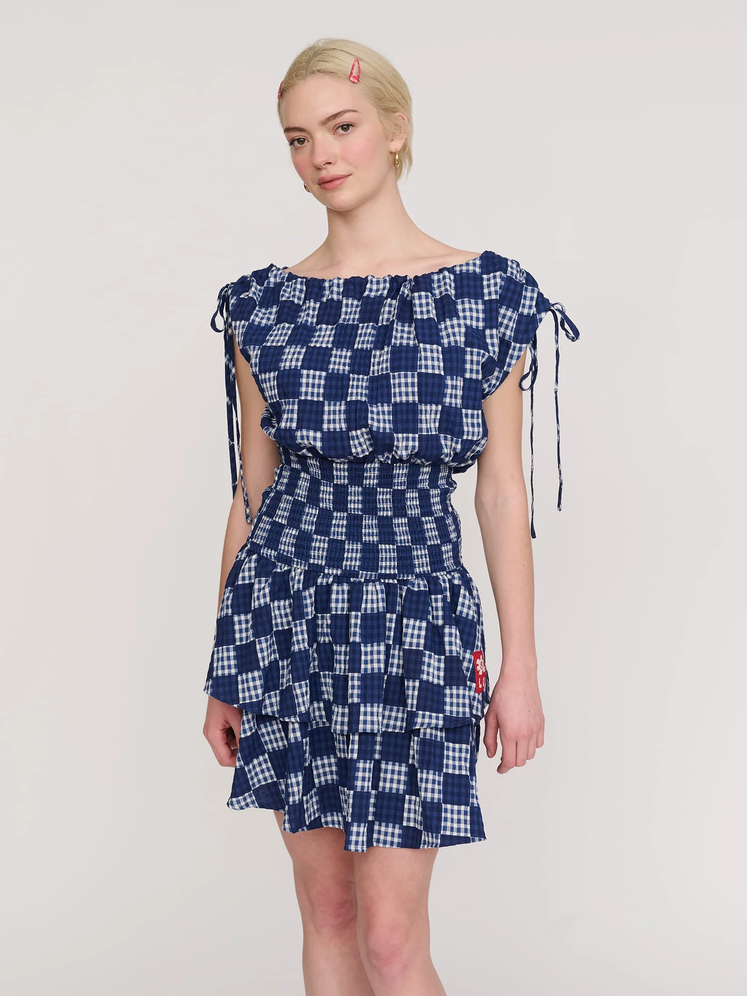 Image of Gingham Shirred Mini Dress