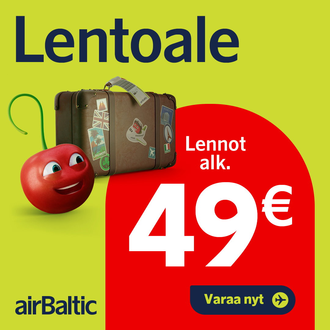 airBaltic ad with smiling cherry mascot and suitcase on lime background, large text “Flights from €49” and a call-to-action to book now
