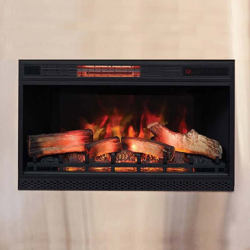 Electric fireplace with glowing logs and flames.