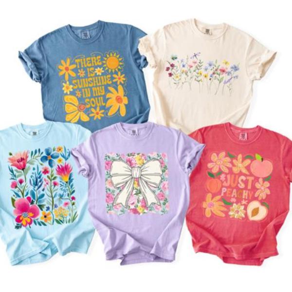 Spring & Summer Graphic Tees for Women, Floral, Peach, and Bow Comfort Colors Shirts, Garden and Sunshine Inspired T-Shirt, Trendy Bright & Cheerful Designs