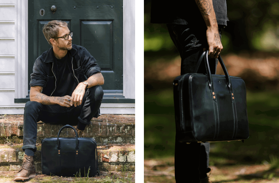 Two-panel image of men with a black leather briefcase: one sitting on steps, one holding it by the top handles outdoors.