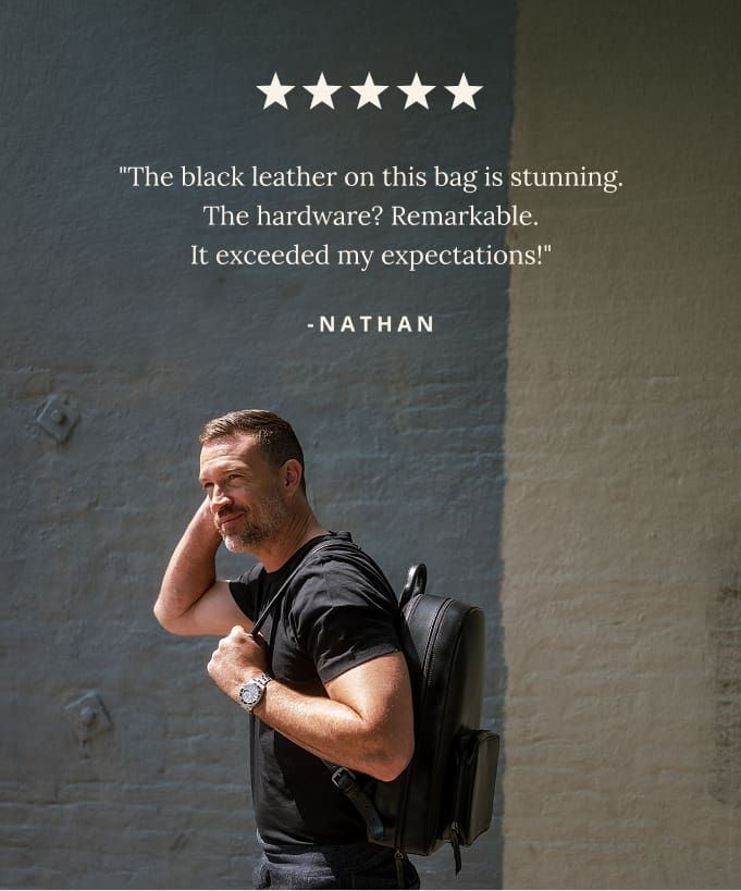 five star review: "The black leather on this bag is stunning. The hardware? Remarkable. It exceeded my expectations!" - Nathan
