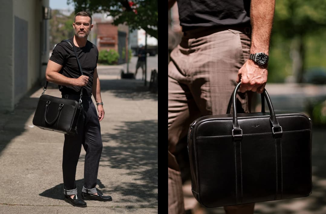 Two-panel image of a man carrying a black leather briefcase by shoulder strap on a city sidewalk, and a close-up of the bag held by its top handles.