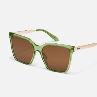 Image of green and gold square sunglasses with brown lenses