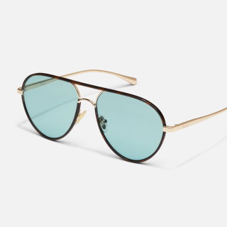 Image of black and gold aviator sunglasses with blue lenses