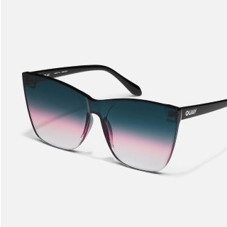 Image of black square sunglasses with pink, blue, and silver gradient lenses