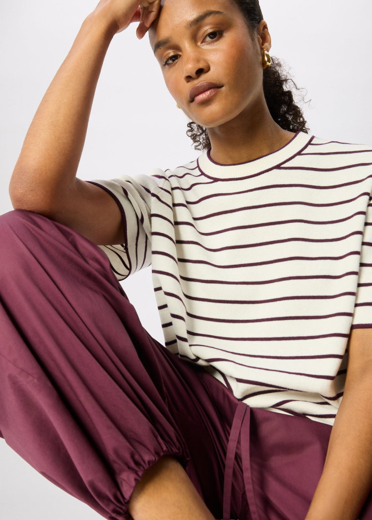 Burgundy Fine Knit Stripe T-Shirt