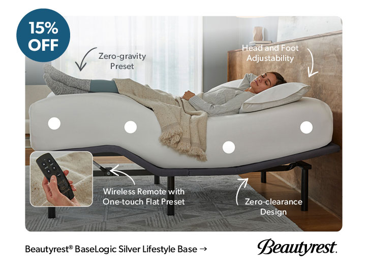 15 percent off. Featured Beautyrest Baselogic Silver Lifestyle Base. Click to shop.