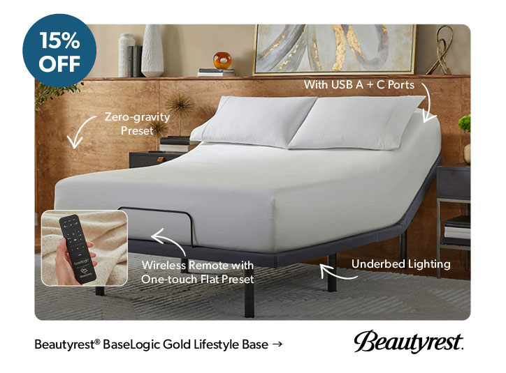 15 percent off. Featured Beautyrest Baselogic Gold Lifestyle Base. Click to shop.