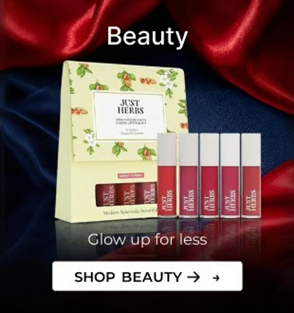 Beauty products from Just Herbs, including lipsticks, with a "Shop Beauty" call to action.