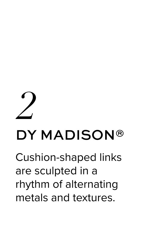 Cushion-shaped links are sculpted in a rhythm of alternating metals and textures.