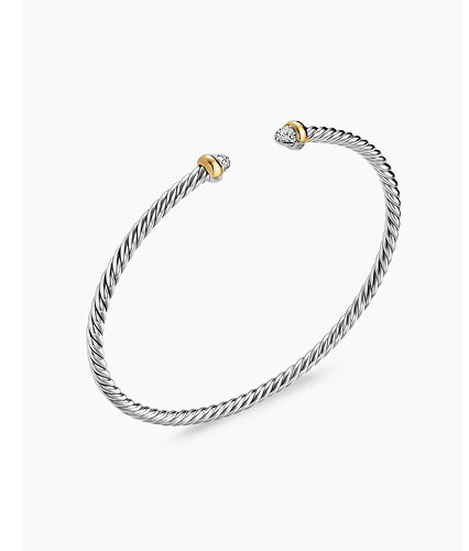 Micro Cable Flex® BraceletSterling Silver with 14K Yellow Gold and Pavé Diamond Domes, 2.6mm