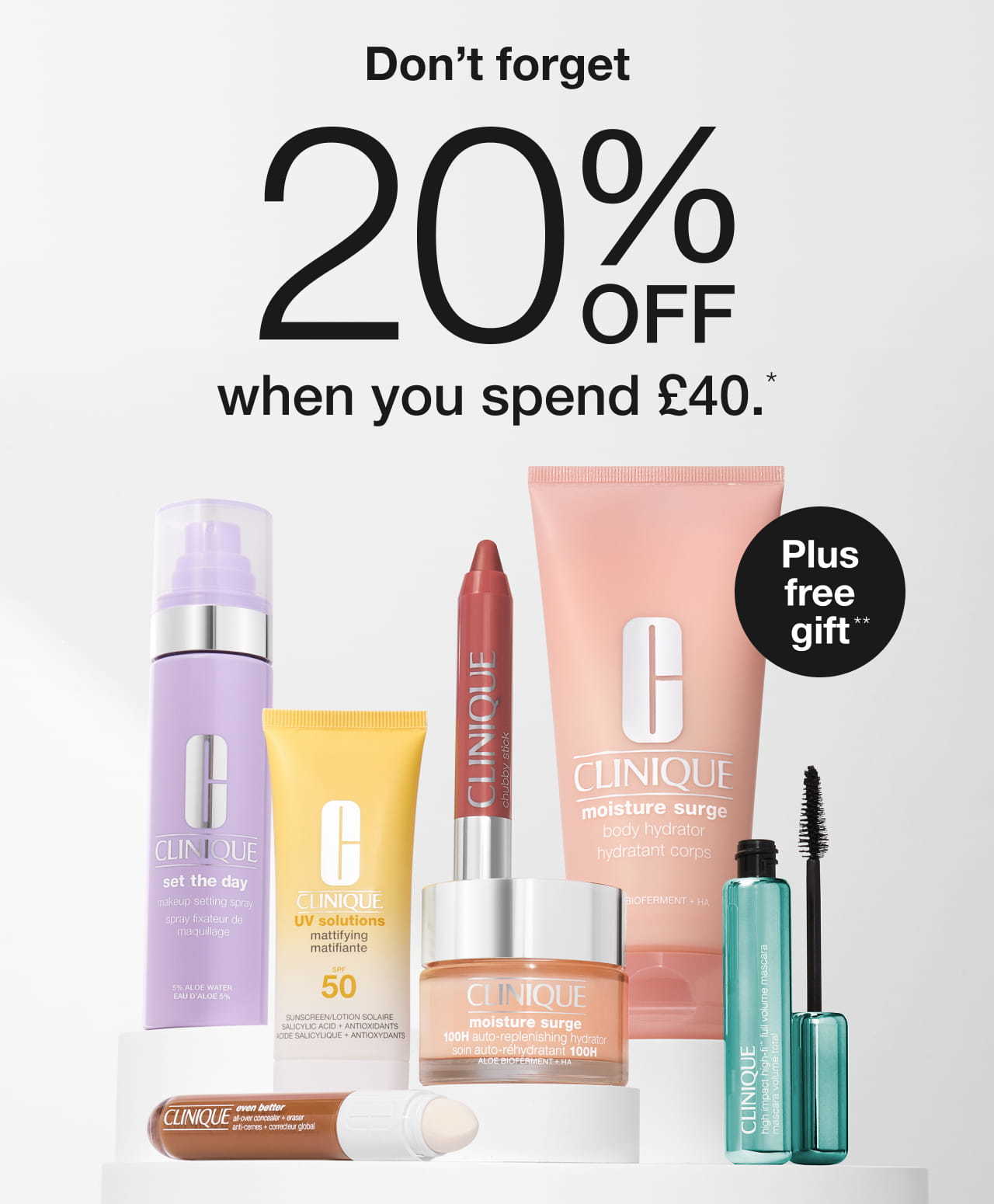 20% off when you spend £40, plus a free full-size gift when you spend £60