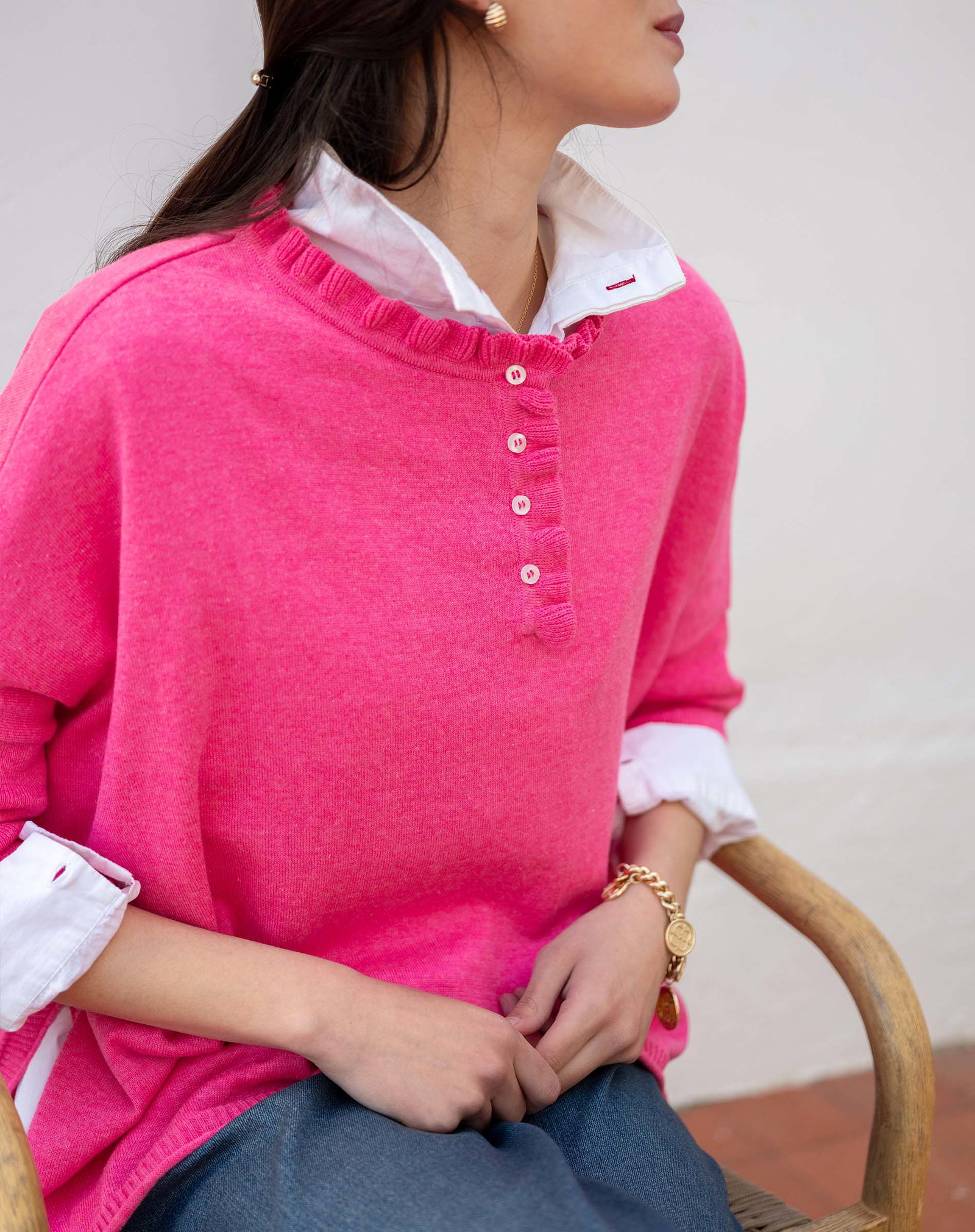 Catalina Cotton Ruffle Henley - Fuchsia
