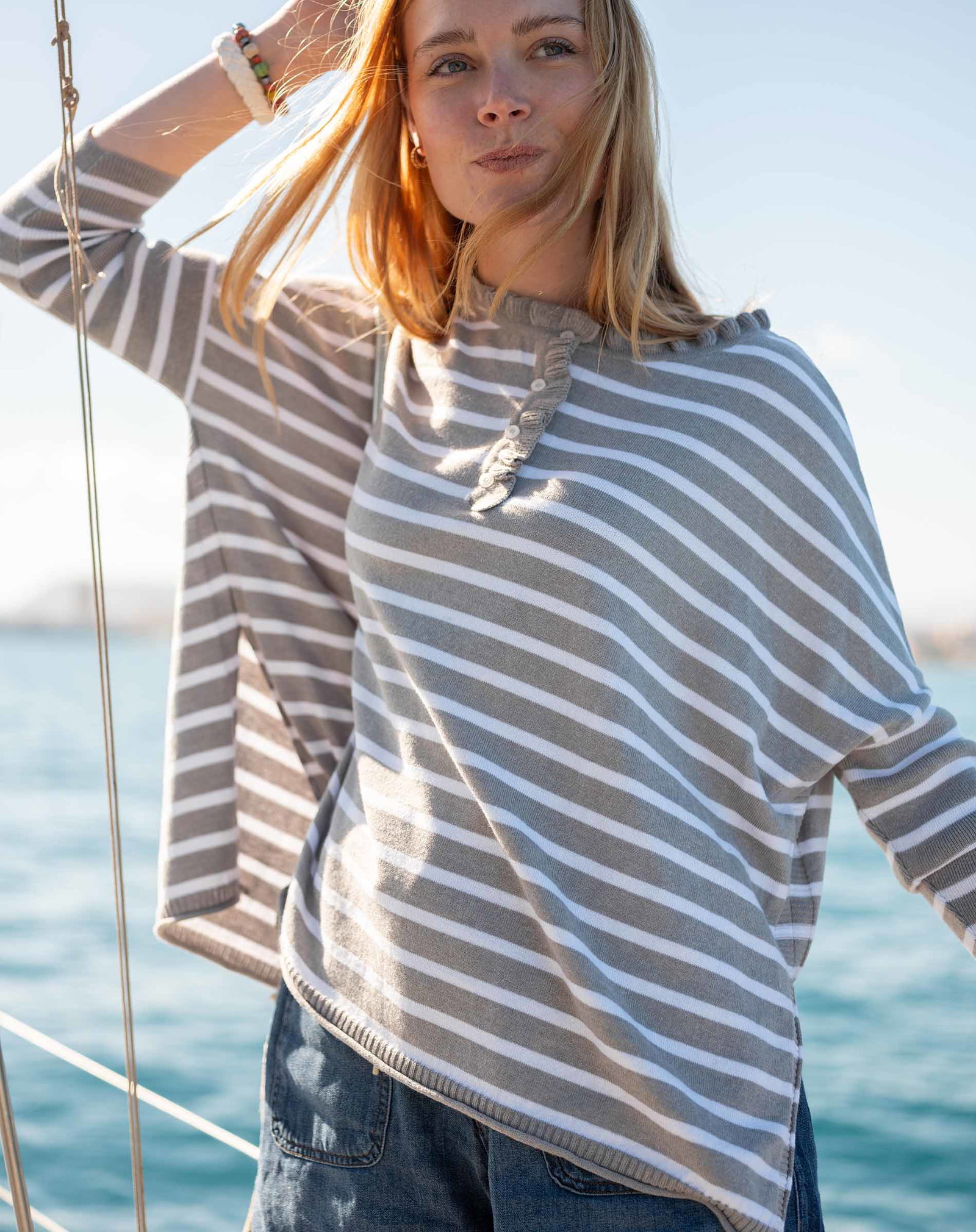 Catalina Cotton Ruffle Henley - Grey Stripe