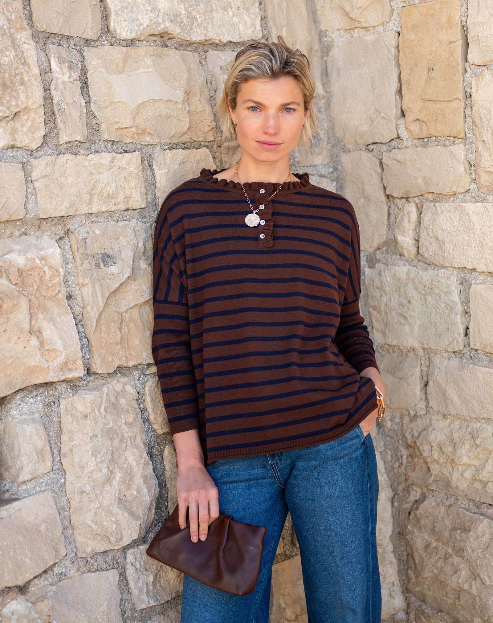 Catalina Cotton Ruffle Henley - Walnut Marine