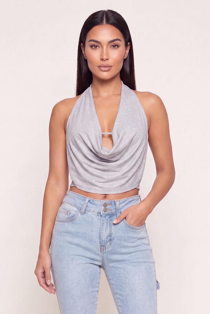 Shop Glittery Cowl Halter Neck Crop Top