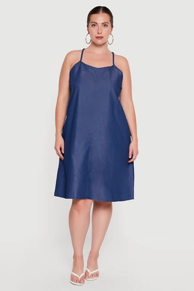 Shop Plus Size Chambray Sleeveless Side Pocket Midi Dress