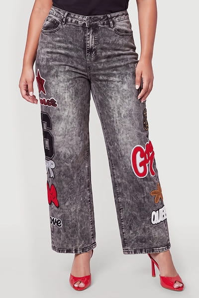 Shop Plus Size Acid Wash Patch Graphic Wide Leg Jeans