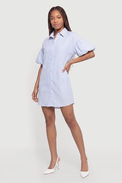 Shop Striped Puff Sleeve Button Front Shirt Dress