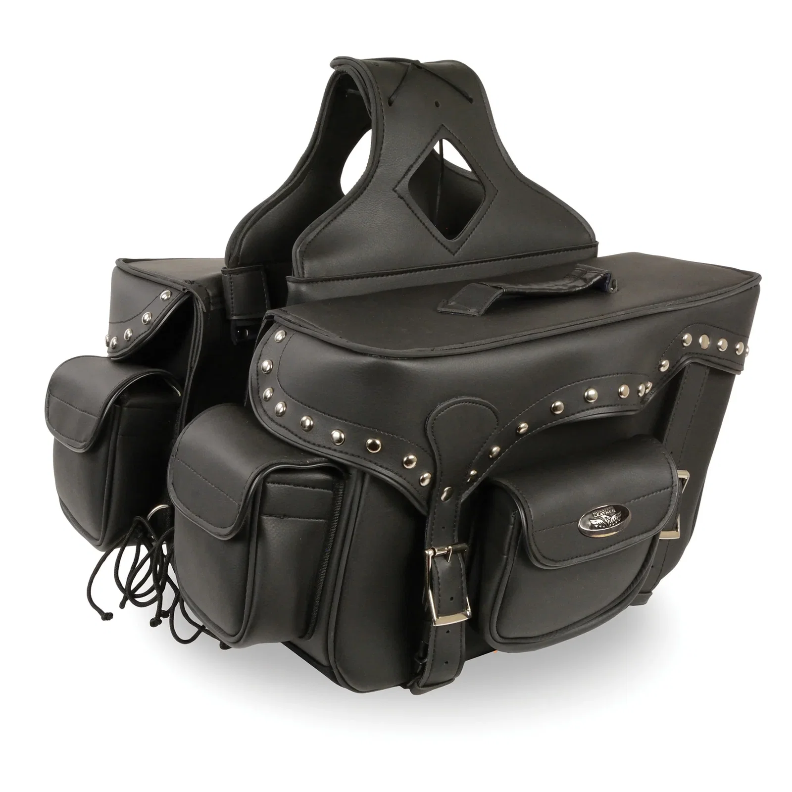 Image of Milwaukee Leather SH66601ZB Black Zip-Off Double Pocket Studded PVC Throw Over Saddlebags
