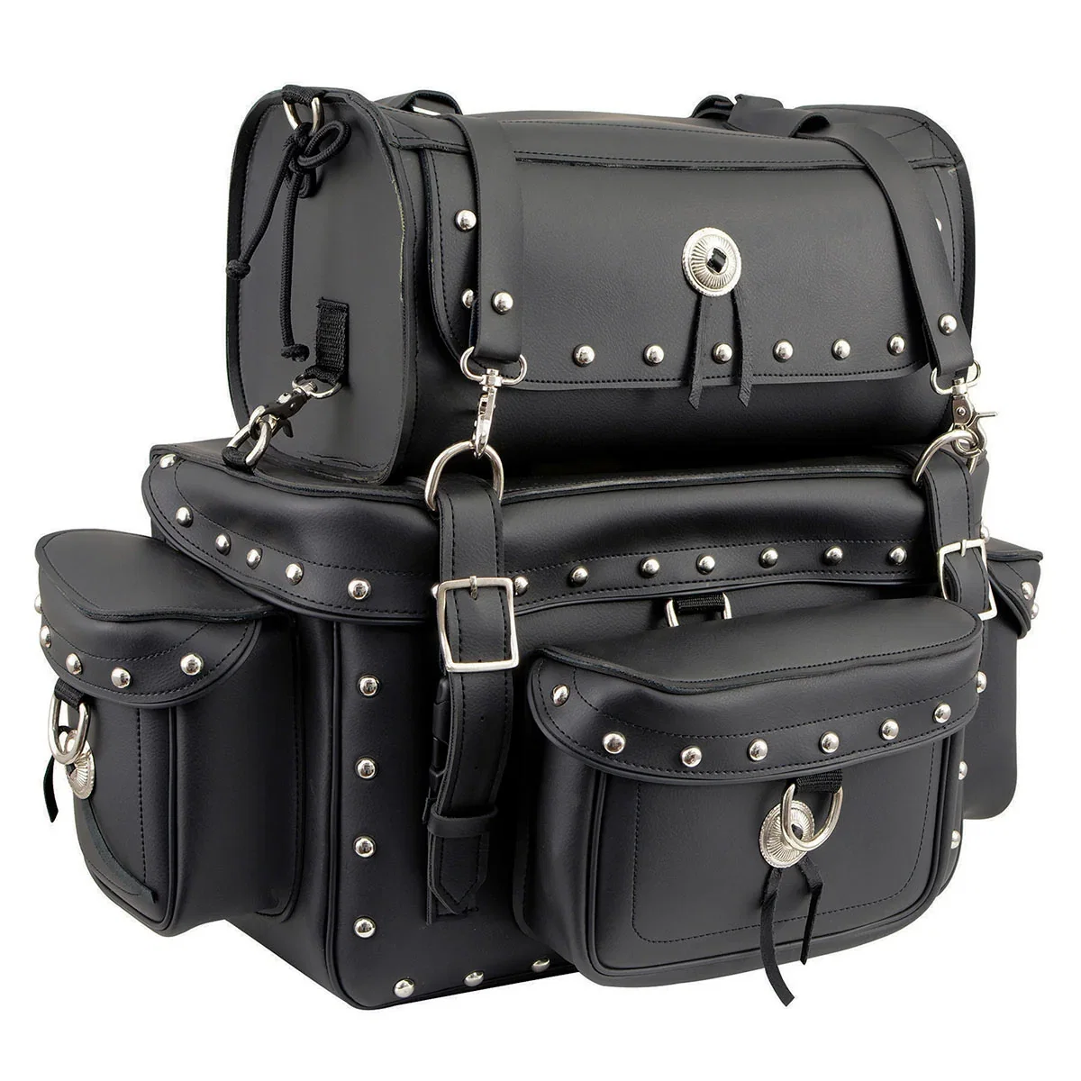 Image of Milwaukee Leather MP8100S Large Black PVC 2-Piece Studded Motorcycle Touring Pack Sissy Bar Bag