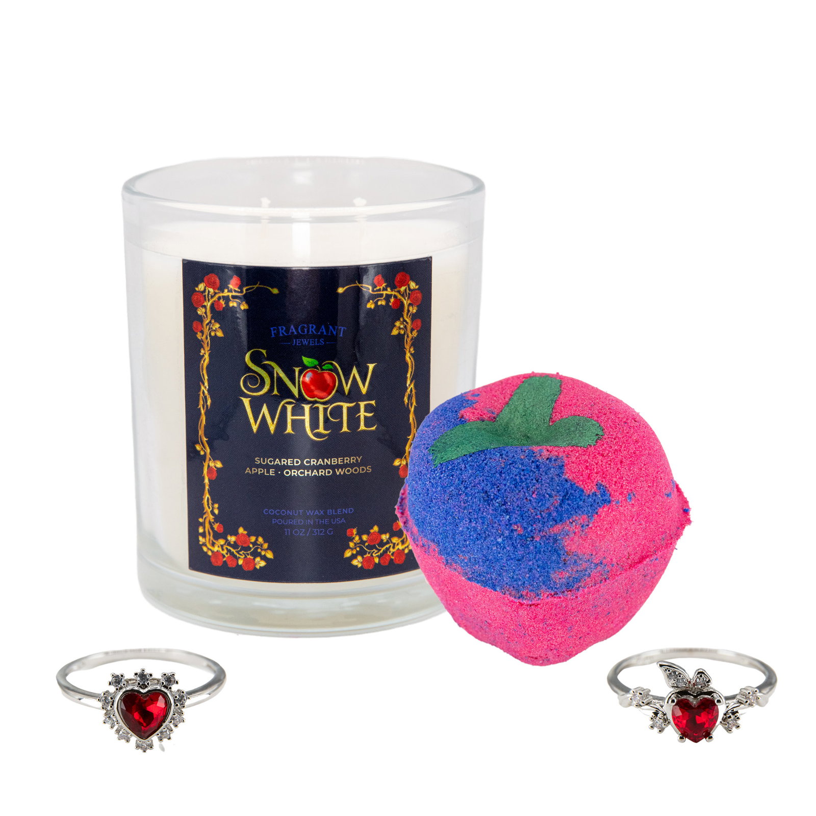 Snow White candle and bath bomb set with two collectible rings