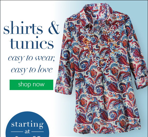 An image promoting shirts and tunics at NorthStyle featuring a colorful paisley tunic and a shop now button to discover all styles.