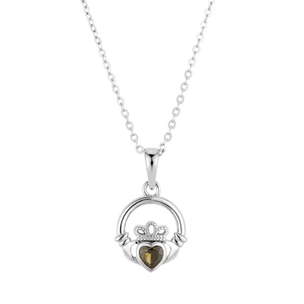 Silver August Peridot CZ Claddagh Necklace